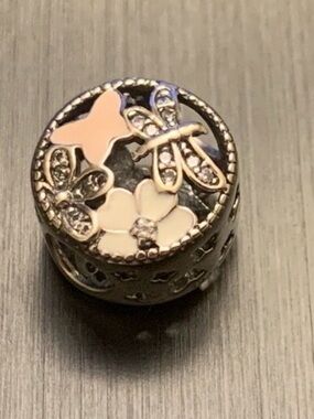 Sterling Silver Floral & Dragonfly Charm Bead - Pink & White Enamel